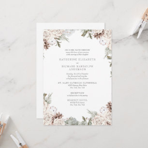 Vinter Vit Blommig Tallkotte Elegant Bröllop Inbjudningar