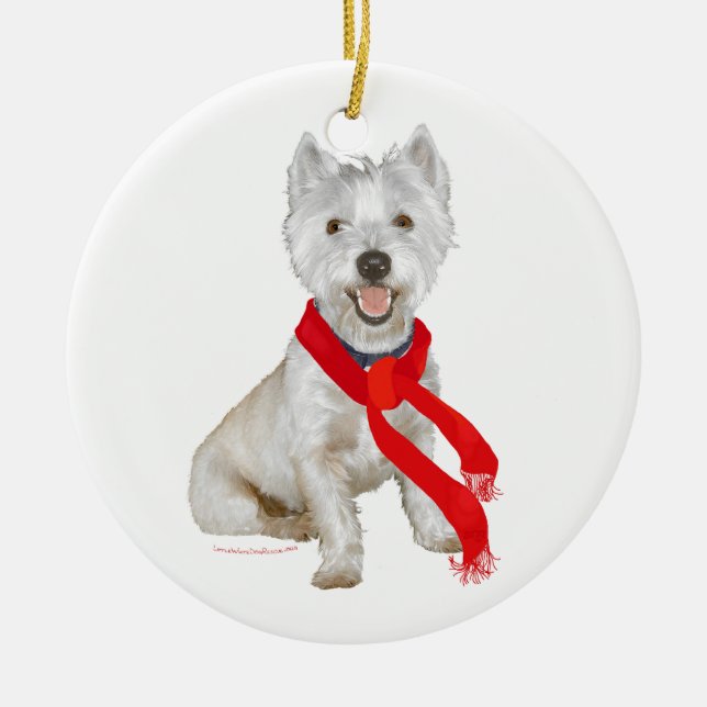 Vinter Westie i en röd halsduk Julgransprydnad Keramik (Framsidan)