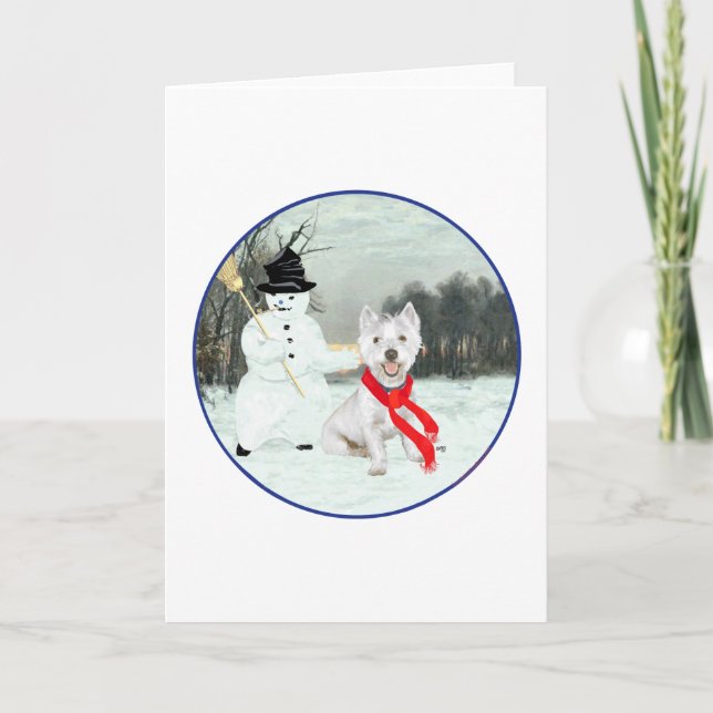 Vinter Westie med snöman Helgkort (Framsida)