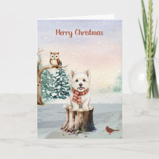 Vinter Westie med uggla julkort Kort