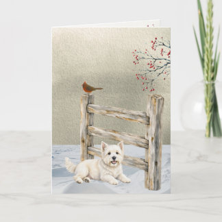 Vinter Westie vid staketet julkort Helgkort