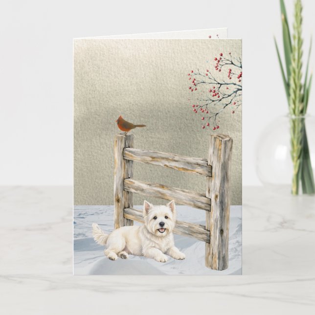 Vinter Westie vid staketet julkort Helgkort (Framsida)
