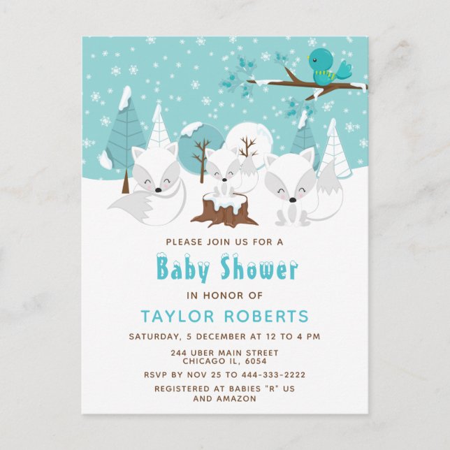 Vinter Wonderland Arctic Fox Baby Shower Vykort (Framsida)