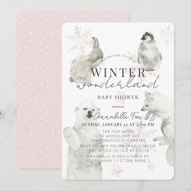 Vinter Wonderland Arktiska animaler Baby Shower Inbjudningar (Fram/baksida)