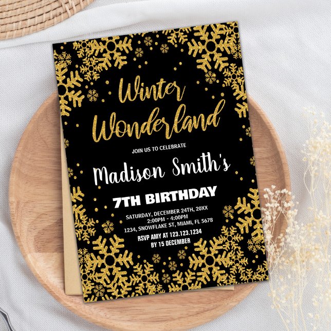 Vinter Wonderland Birthday Bjud Black Guld Inbjudningar (Winter Wonderland Birthday Invitations Black Gold)