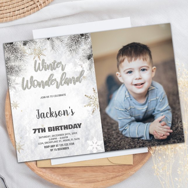 Vinter Wonderland Birthday Bjud: Gräs Foto Inbjudningar (Winter Wonderland Birthday Invitations Pine Photo)