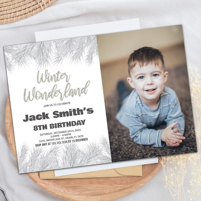 Vinter Wonderland Birthday Bjud: Gräs Foto Inbjudningar (Winter Wonderland Birthday Invitations Pine Photo)