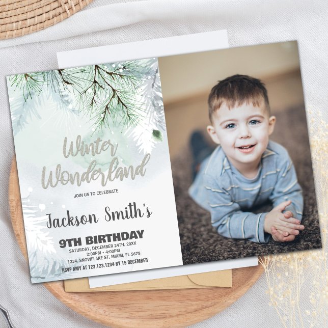 Vinter Wonderland Birthday Bjud: Gräs Foto Inbjudningar (Winter Wonderland Birthday Invitations Pine Photo)
