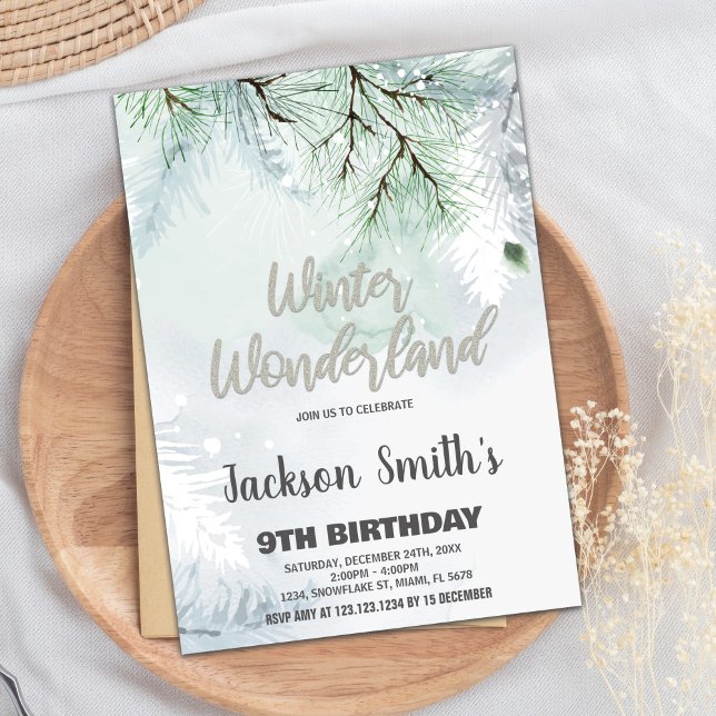 Vinter Wonderland Birthday Bjud Gräs Silver Inbjudningar (Winter Wonderland Birthday Invitations Pine Silver)