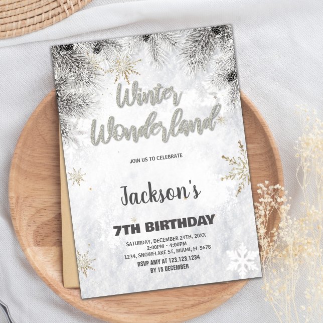 Vinter Wonderland Birthday Bjud Gräs Silver Inbjudningar (Winter Wonderland Birthday Invitations Pine Silver)
