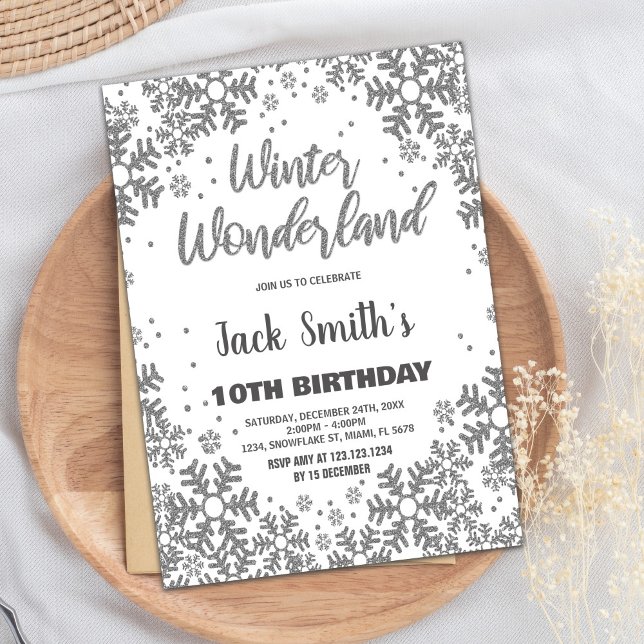 Vinter Wonderland Birthday Bjud i Silver Inbjudningar (Winter Wonderland Birthday Invitations Silver)