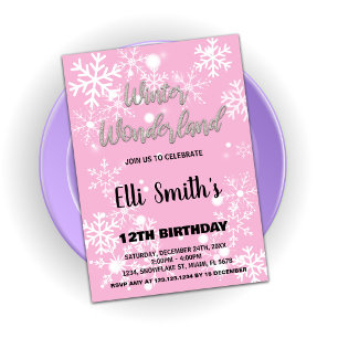 Vinter Wonderland Birthday Bjud Rosa Silver Inbjudningar