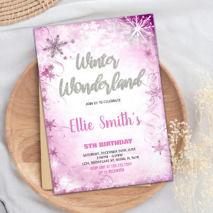 Vinter Wonderland Birthday Bjud Rosa Silver Inbjudningar