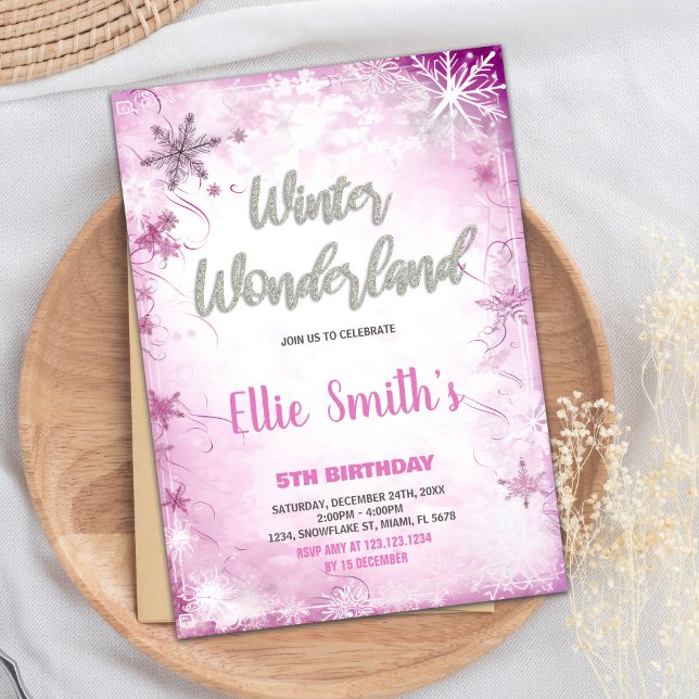 Vinter Wonderland Birthday Bjud Rosa Silver Inbjudningar (Winter ONEderland Birthday Invitations Pink Silver)