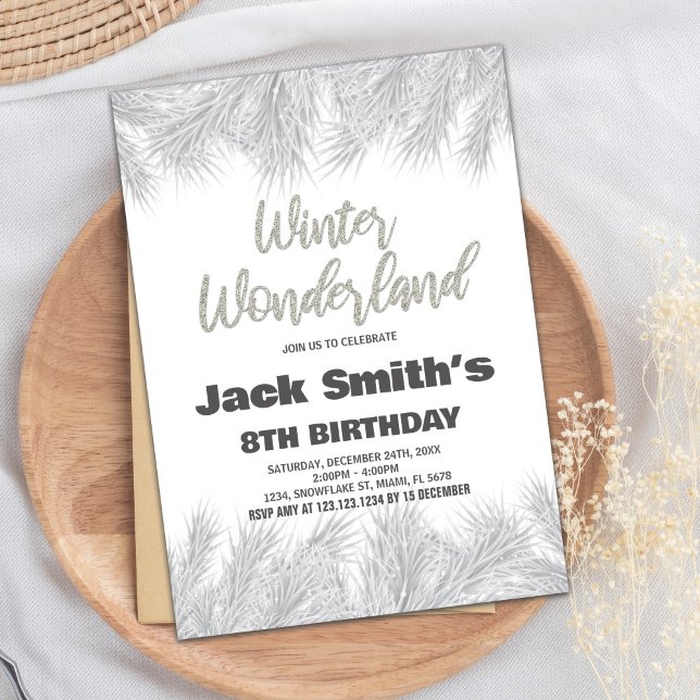 Vinter Wonderland Birthday Bjud Silver Gräs Inbjudningar (Winter Wonderland Birthday Invitations Silver Pine)