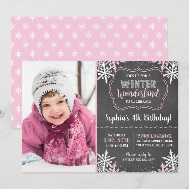 Vinter Wonderland Birthday-inbjudan med foto Inbjudningar (Fram/baksida)
