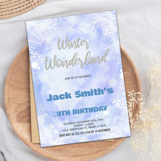 Vinter Wonderland Birthday-inbjudningar Blue Silve Inbjudningar (Winter Wonderland Birthday Invitations Blue Silver)