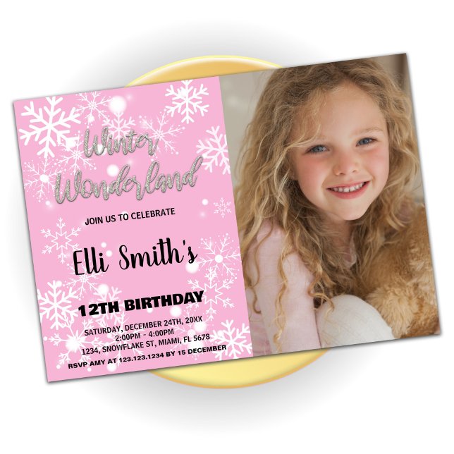 Vinter Wonderland Birthday-inbjudningar med foto Inbjudningar (Winter Wonderland Birthday Invitations with Photo)