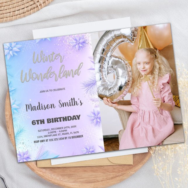 Vinter Wonderland Birthday-inbjudningar med foto Inbjudningar (Winter Wonderland Birthday Invitations with Photo)
