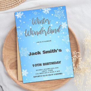Vinter Wonderland Birthday-inbjudningar Silver Blu Inbjudningar