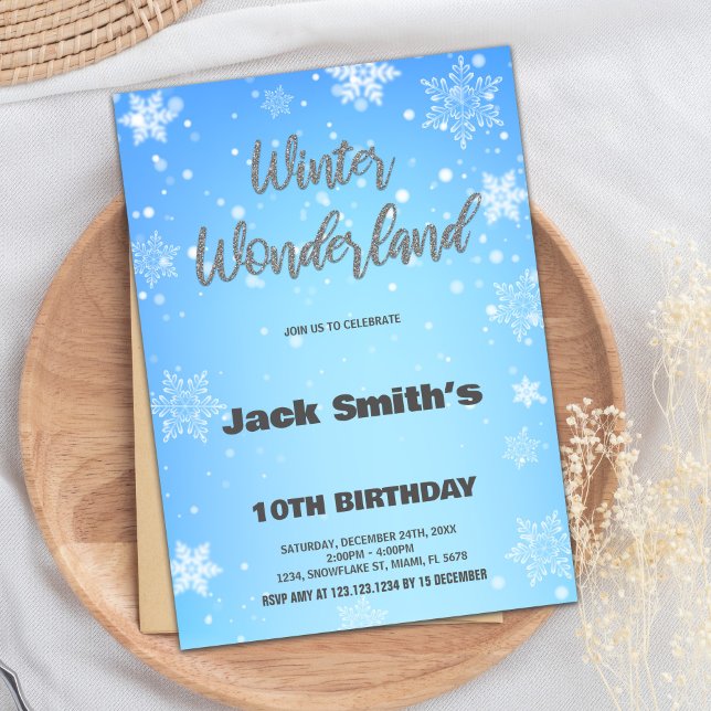 Vinter Wonderland Birthday-inbjudningar Silver Blu Inbjudningar (Winter Wonderland Birthday Invitations Silver Blue)