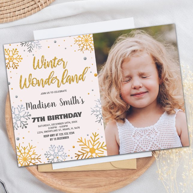 Vinter Wonderland Bjuder in Snö Guld med foto Inbjudningar (Winter Wonderland Invitations Snow Gold With Photo)