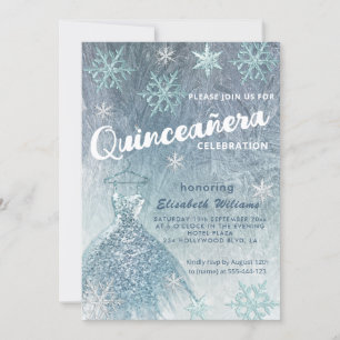 Vinter wonderland blue dress glittery Quinceañera Inbjudningar