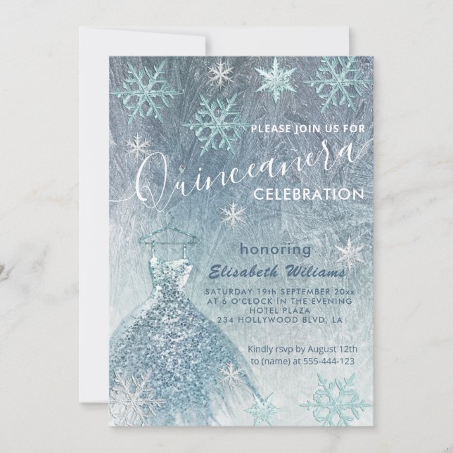 Vinter wonderland blue dress glittery Quinceañera Inbjudningar (Framsida)