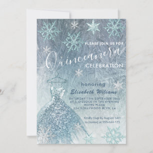 Vinter wonderland blue dress glittery Quinceañera Inbjudningar