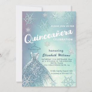 Vinter wonderland blue dress glittery Quinceañera Inbjudningar