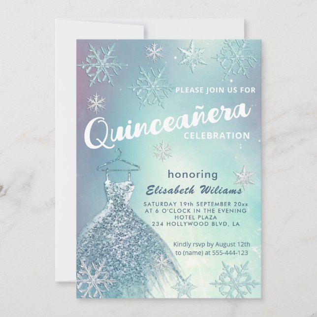 Vinter wonderland blue dress glittery Quinceañera Inbjudningar (Framsida)