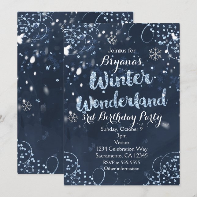 Vinter Wonderland Blue Elegant Party-inbjudningar Inbjudningar (Fram/baksida)