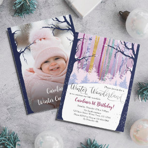 Vinter Wonderland Blue Lila Silver Snö Photo Inbjudningar