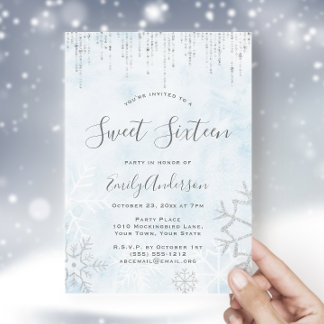Vinter Wonderland Blue Silver Snö Ice Sweet 16 Inbjudningar