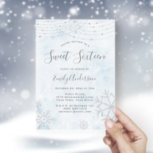 Vinter Wonderland Blue Silver Snowflake Sweet 16 Inbjudningar