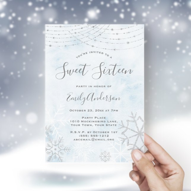 Vinter Wonderland Blue Silver Snowflake Sweet 16 Inbjudningar (Skapare uppladdad)