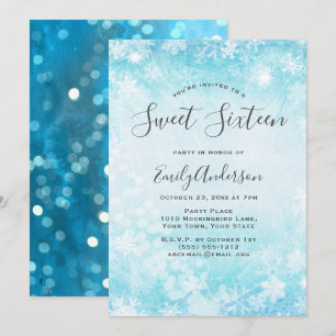 Vinter Wonderland Blue Snowflake Sweet 16 Inbjudningar