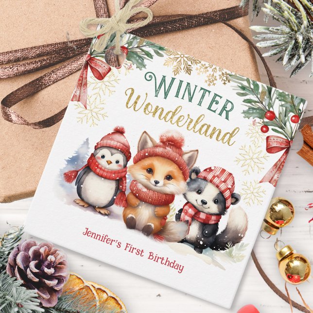 Vinter Wonderland Cute Snö Animals Birthday Gåvor Etiketter (Skapare uppladdad)