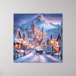 Vinter Wonderland: En byn Twilight vid berget Canvastryck