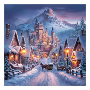 Vinter Wonderland: En byn Twilight vid berget Fototryck
