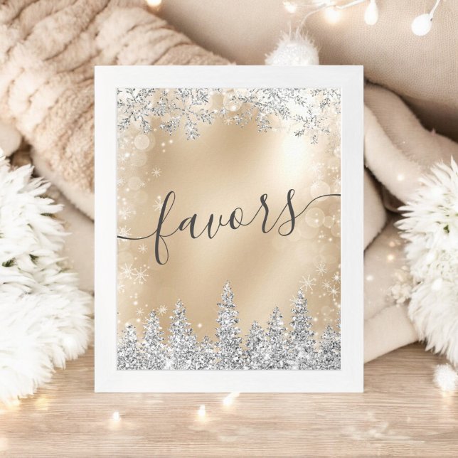 Vinter Wonderland Guld Silver Möhippa Favors Poster (Winter Wonderland Gold Silver Bridal Shower Favors Poster)