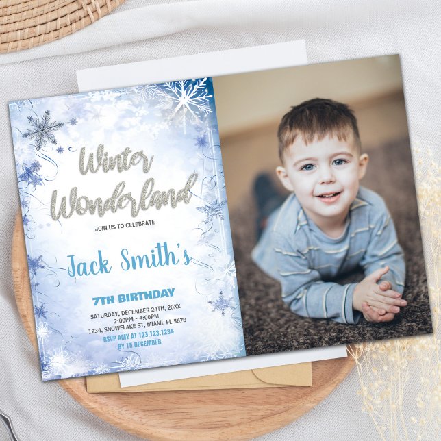 Vinter Wonderland-inbjudan Blue Silver Photo Inbjudningar (Winter Wonderland Invitations Blue Silver Photo)