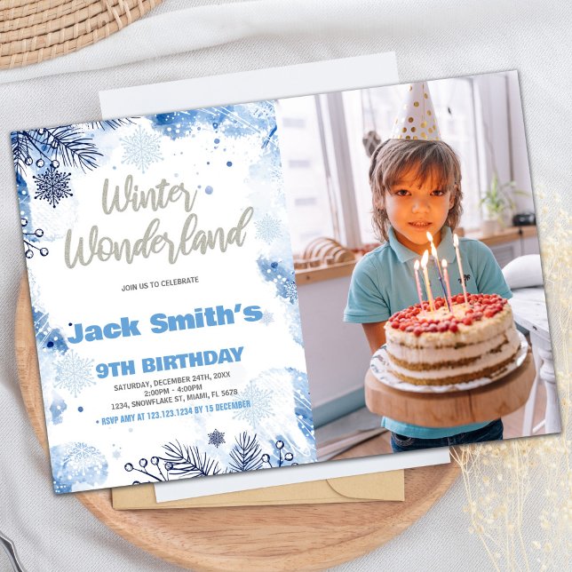 Vinter Wonderland-inbjudningar blått med foto Inbjudningar (Winter Wonderland Invitations Blue with photo)