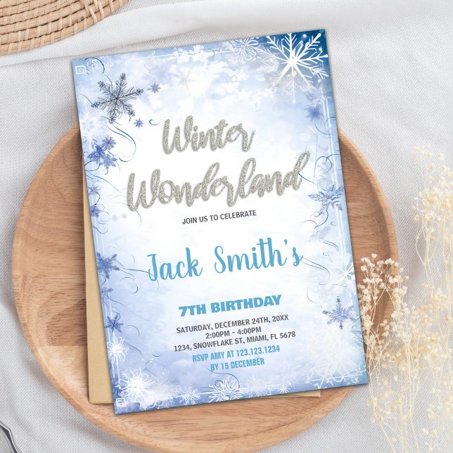Vinter Wonderland-inbjudningar Blue Silver Glitter Inbjudningar (Winter Wonderland Invitations Blue Silver Glitter)