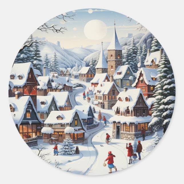 Vinter Wonderland julscene Sticker Runt Klistermärke (Framsida)