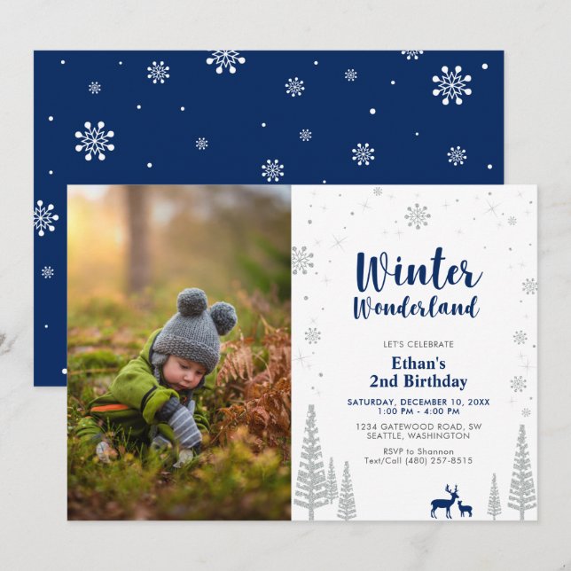 Vinter Wonderland Kid Boy 2:a födelsedagsinbjudan Inbjudningar (Fram/baksida)