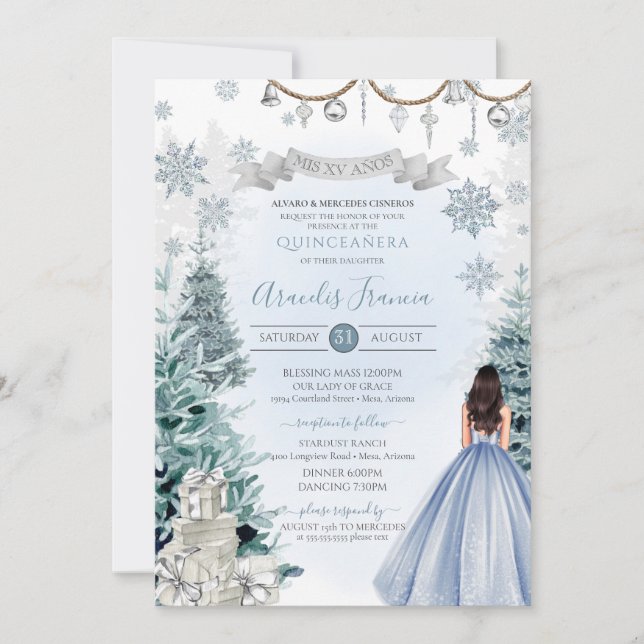 Vinter Wonderland Light Blue Snowflake Quinceanera Inbjudningar (Framsida)