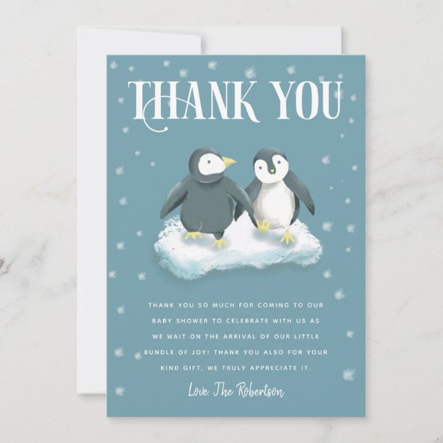 Vinter Wonderland Penguin Blue Baby Shower Tack Kort (Framsida)