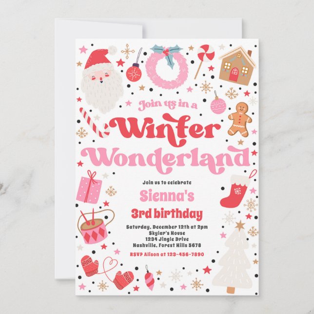 Vinter Wonderland Rosa Födelsedagsfest jul Inbjudningar (Framsida)