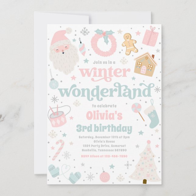 Vinter Wonderland Rosa Födelsedagsfest jul Inbjudningar (Framsida)